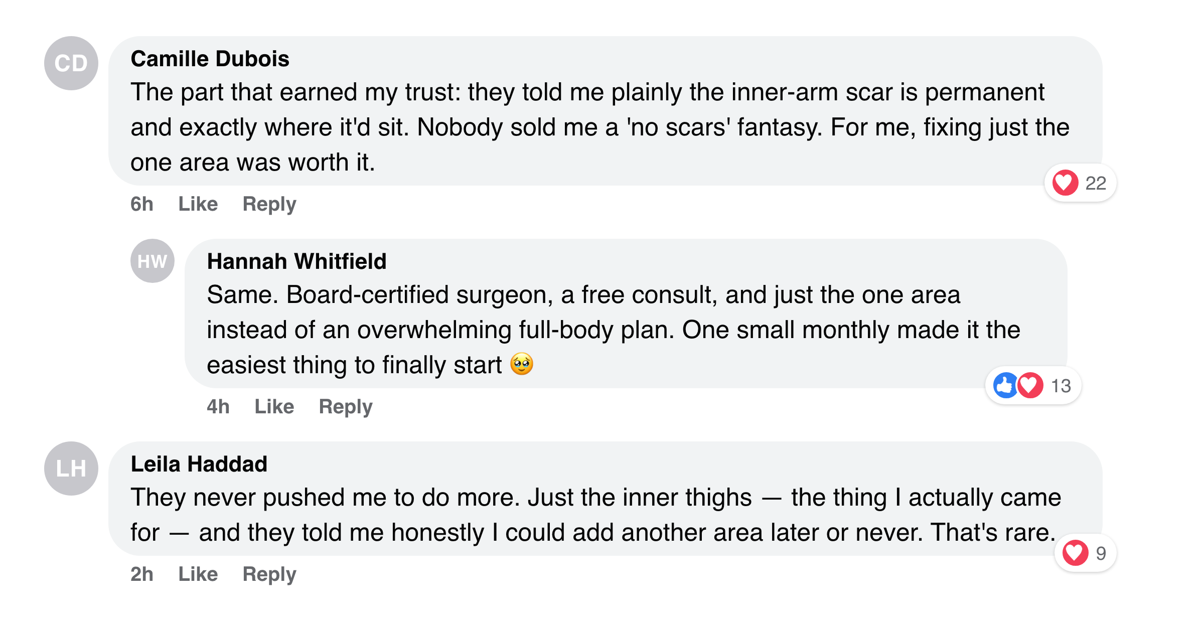 Facebook comments praising the honesty that the arm scar is permanent but worth it