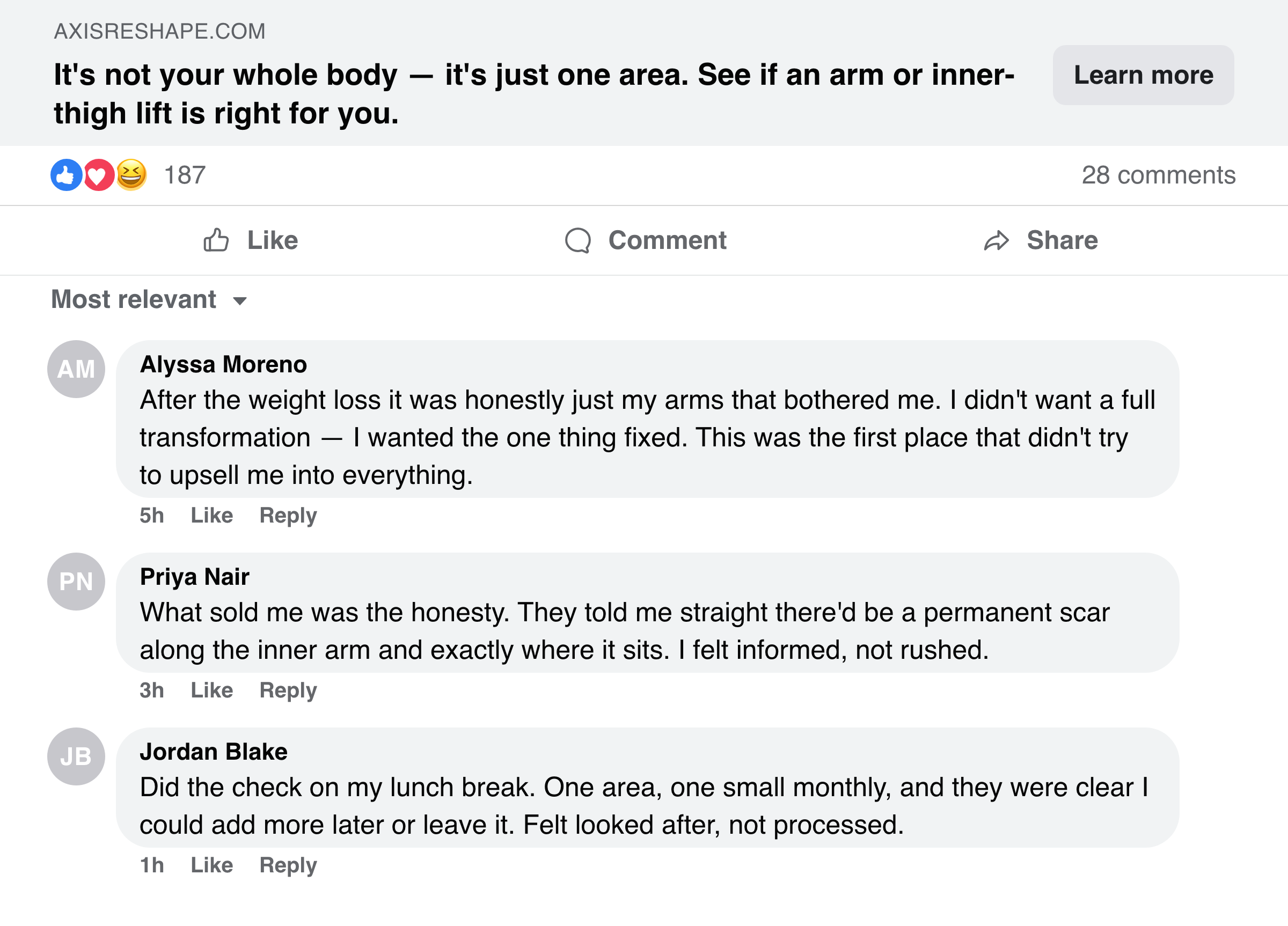 Facebook post about fixing just one area after weight loss and not needing a whole-body plan