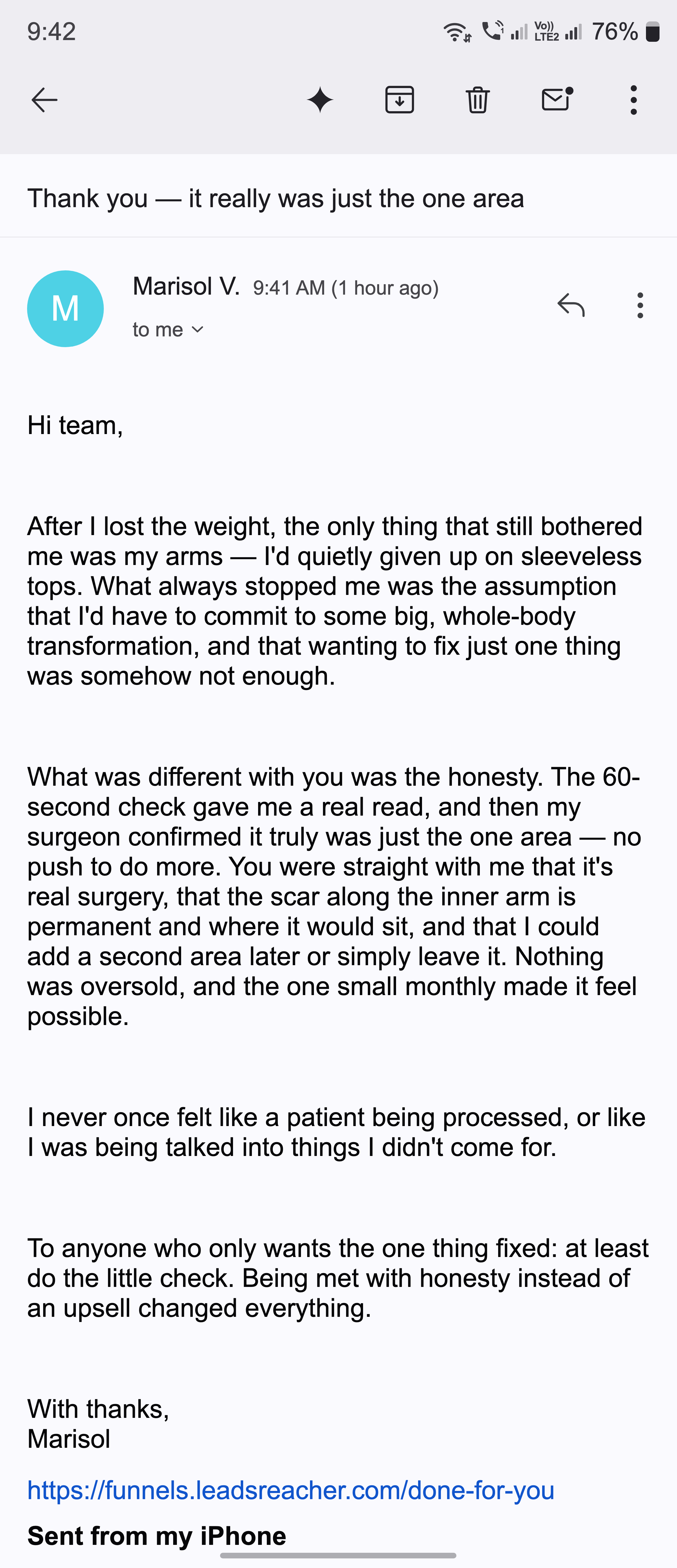 A thank-you email from someone who felt heard and was not pushed into a full-body plan