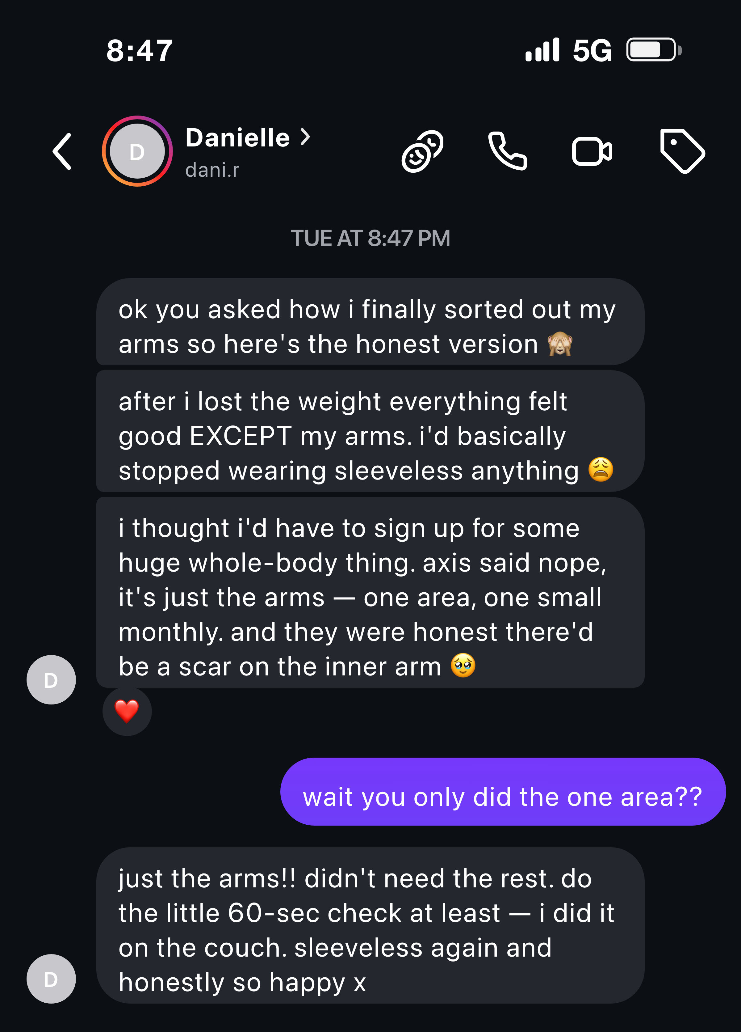 Instagram message about wearing sleeveless again after a one-area arm lift