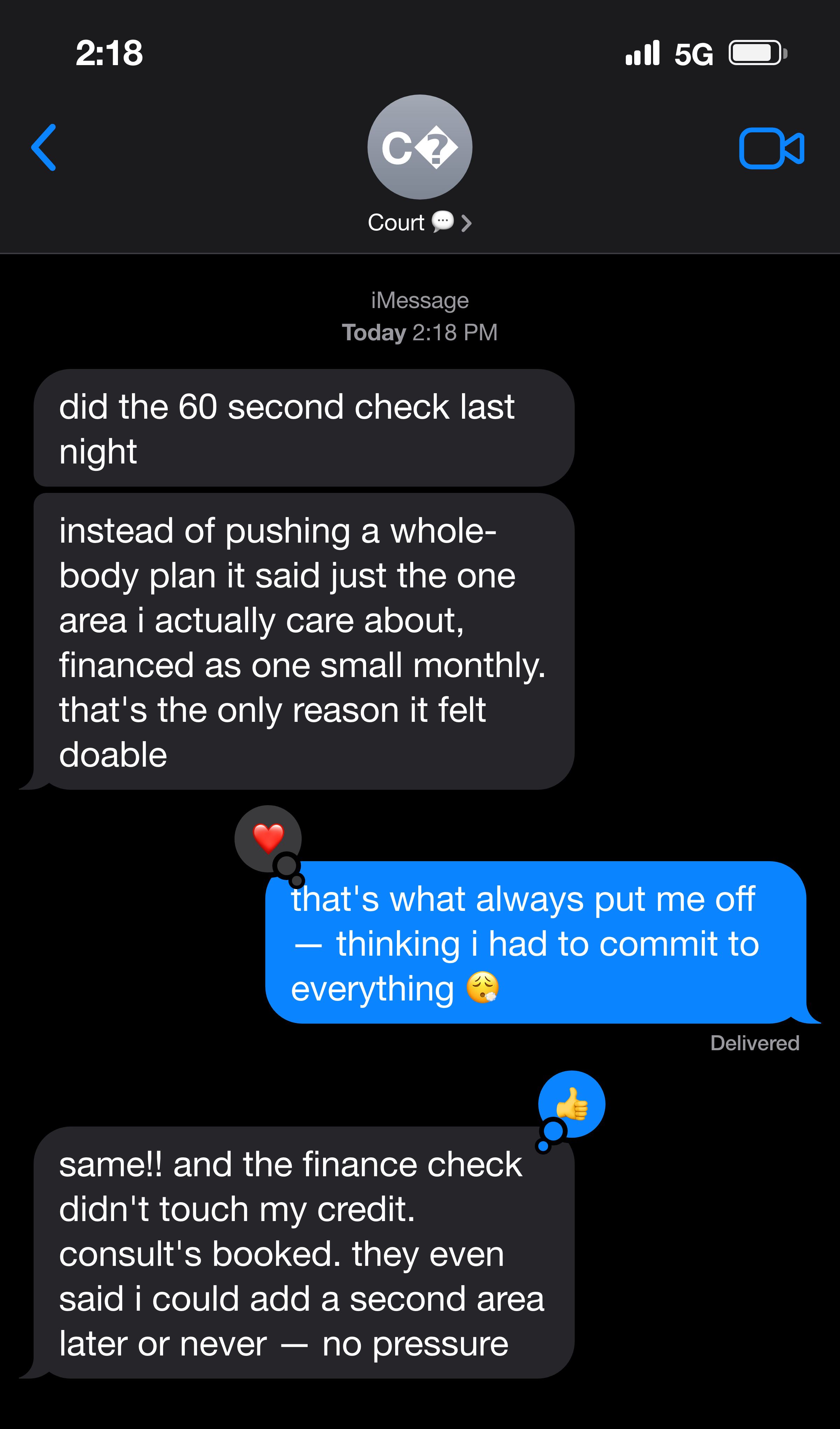 Text message about one small monthly number for a single-area lift instead of a scary total