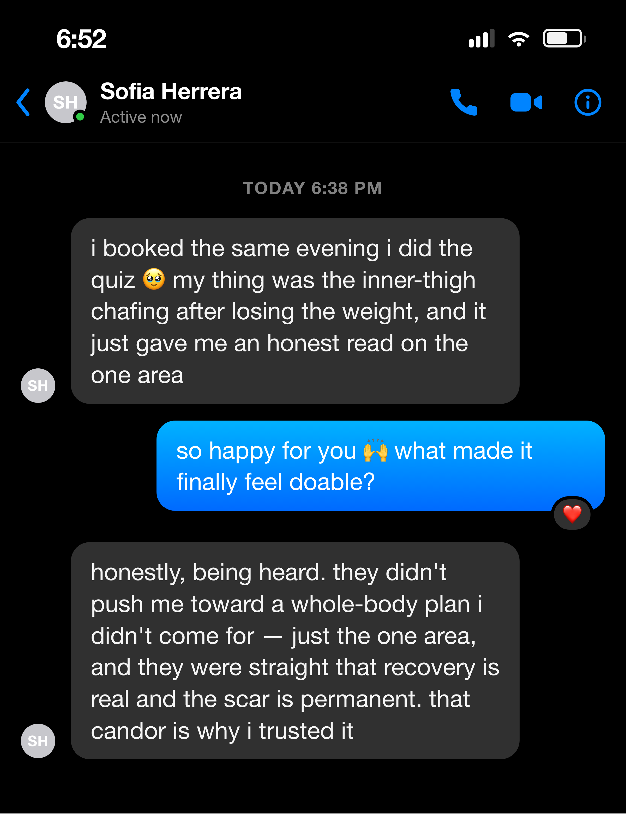 Messenger note about the inner-thigh chafing finally being gone after a thigh lift