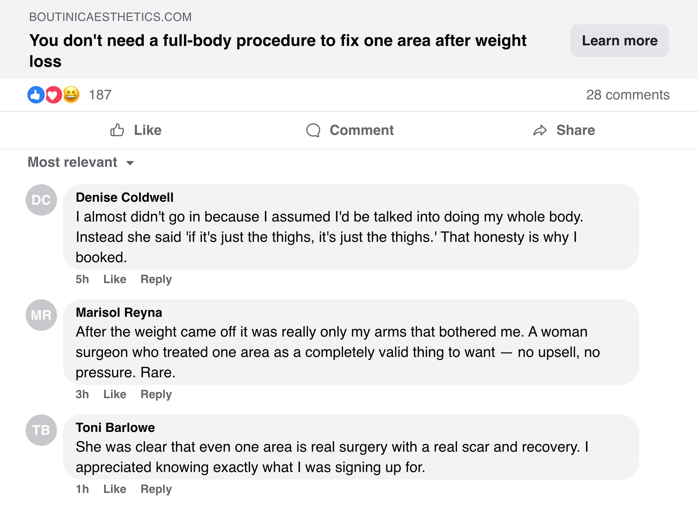 Facebook post about not being pushed into a full-body plan, just the one area