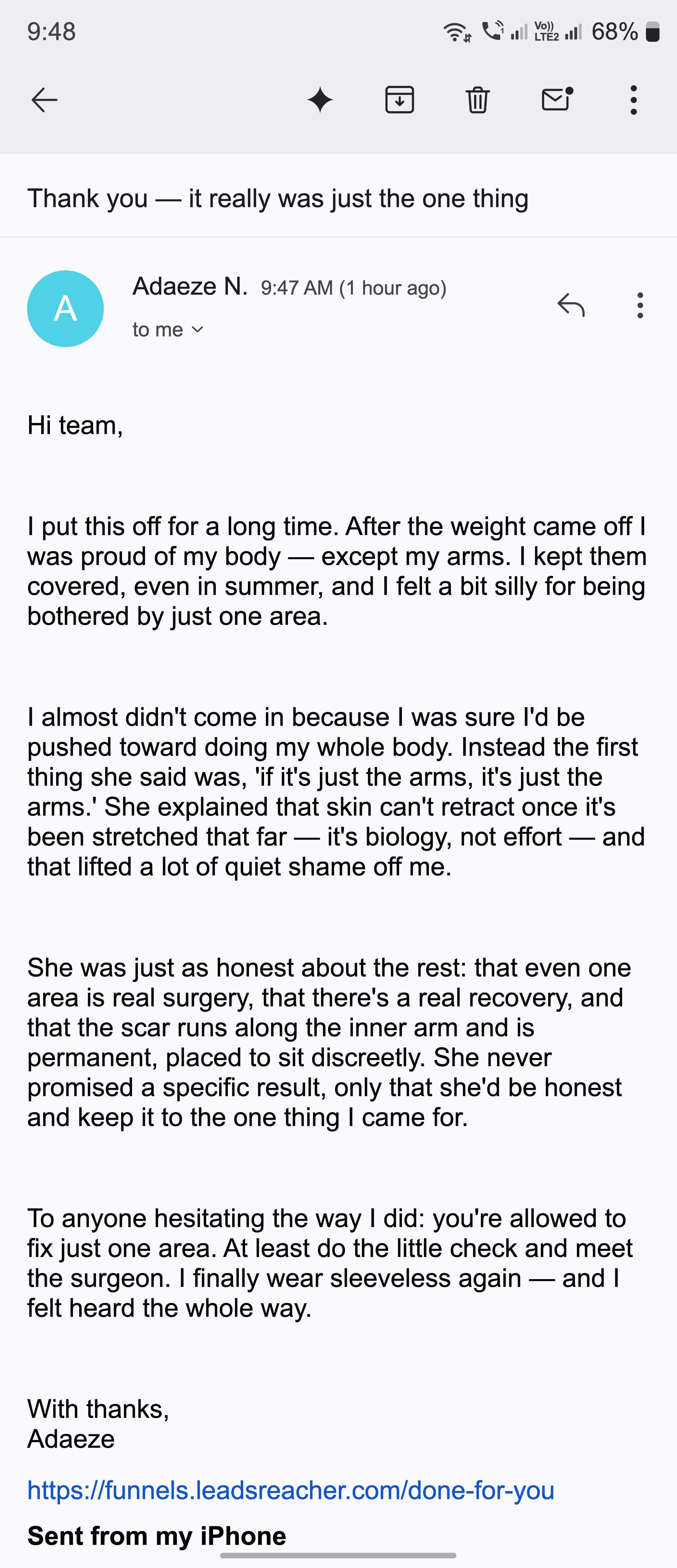 A thank-you email from a woman who felt heard and got just her one area sorted