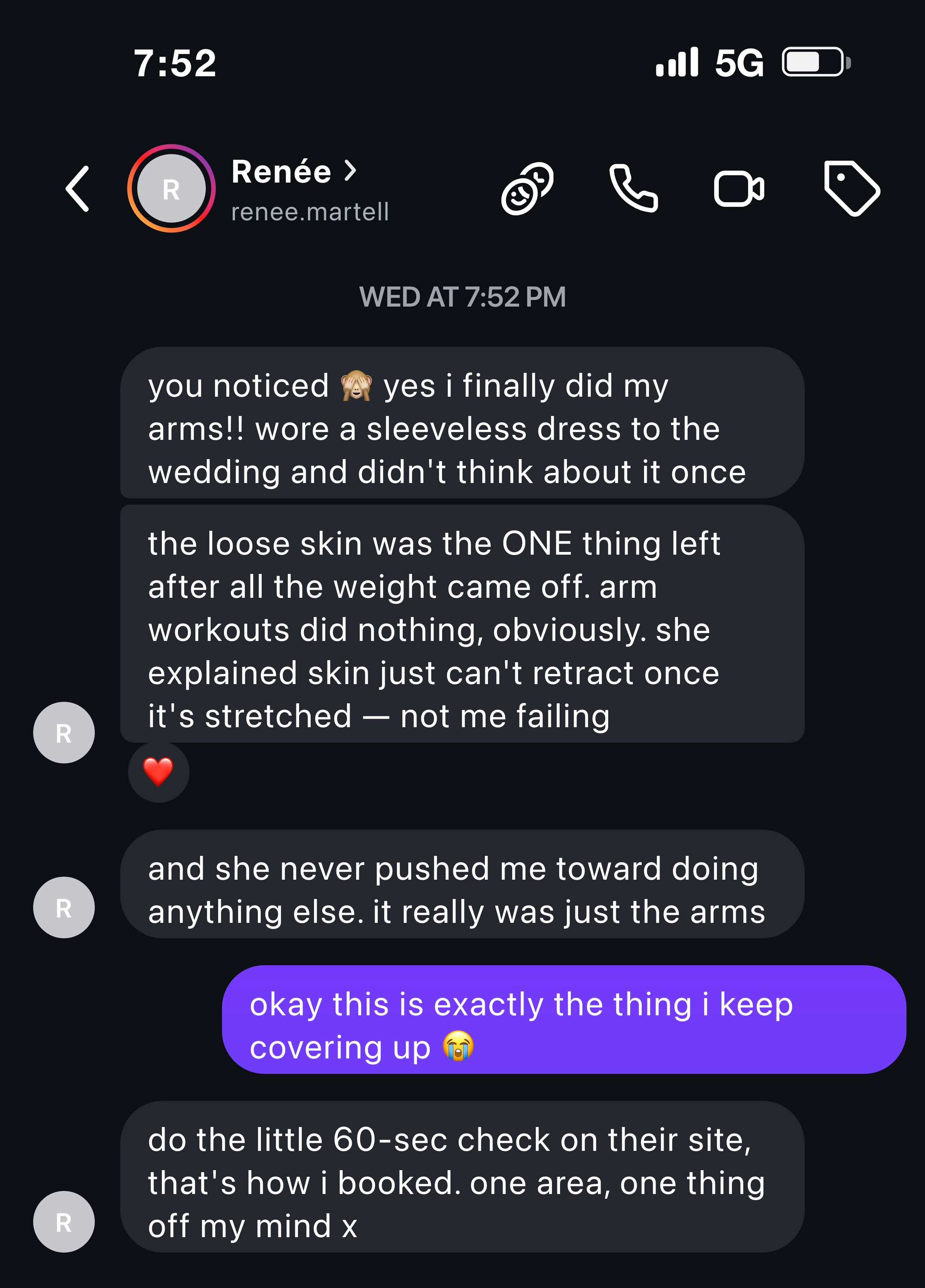 Instagram message from a friend about wearing sleeveless again after an arm lift
