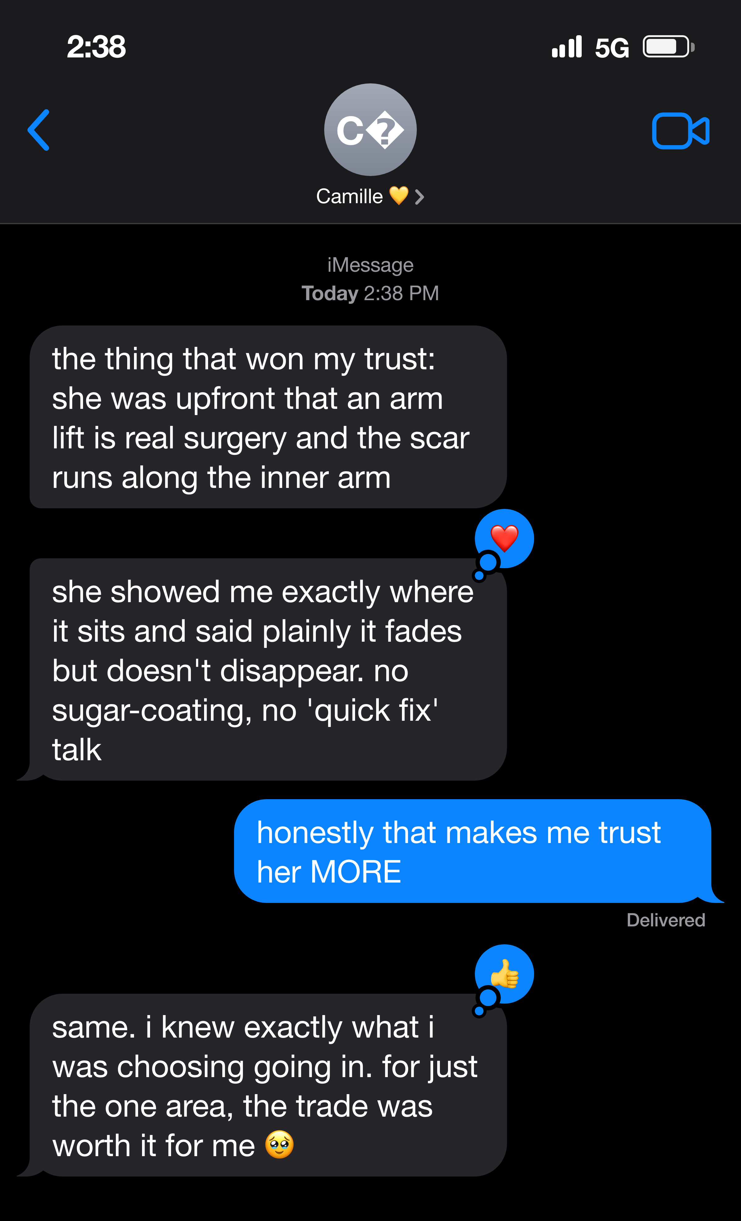 Text messages about a surgeon being honest that the arm scar is a permanent trade worth it