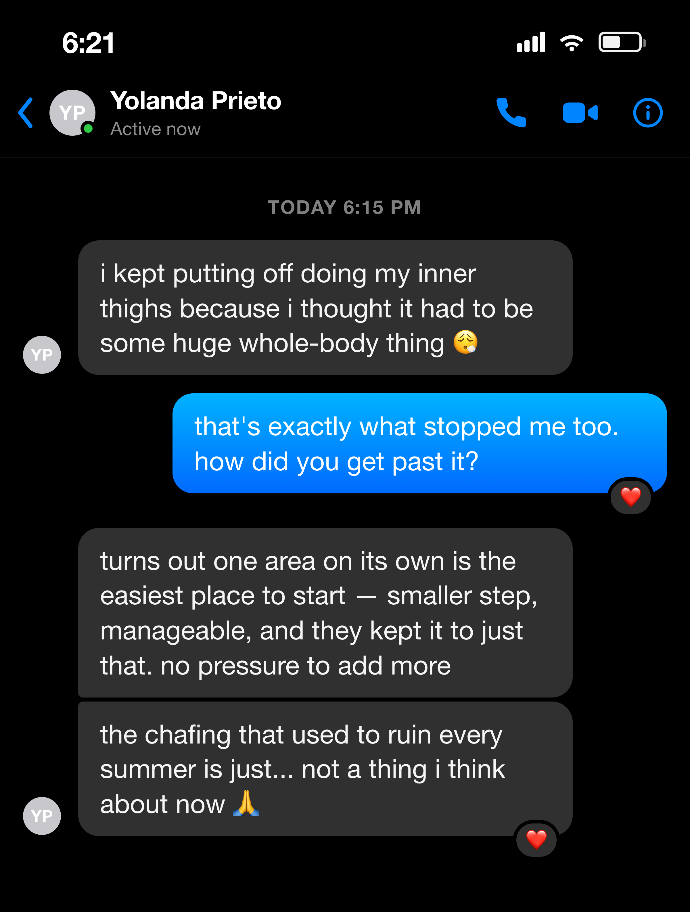 Messenger note about a single area being an easy, manageable place to start