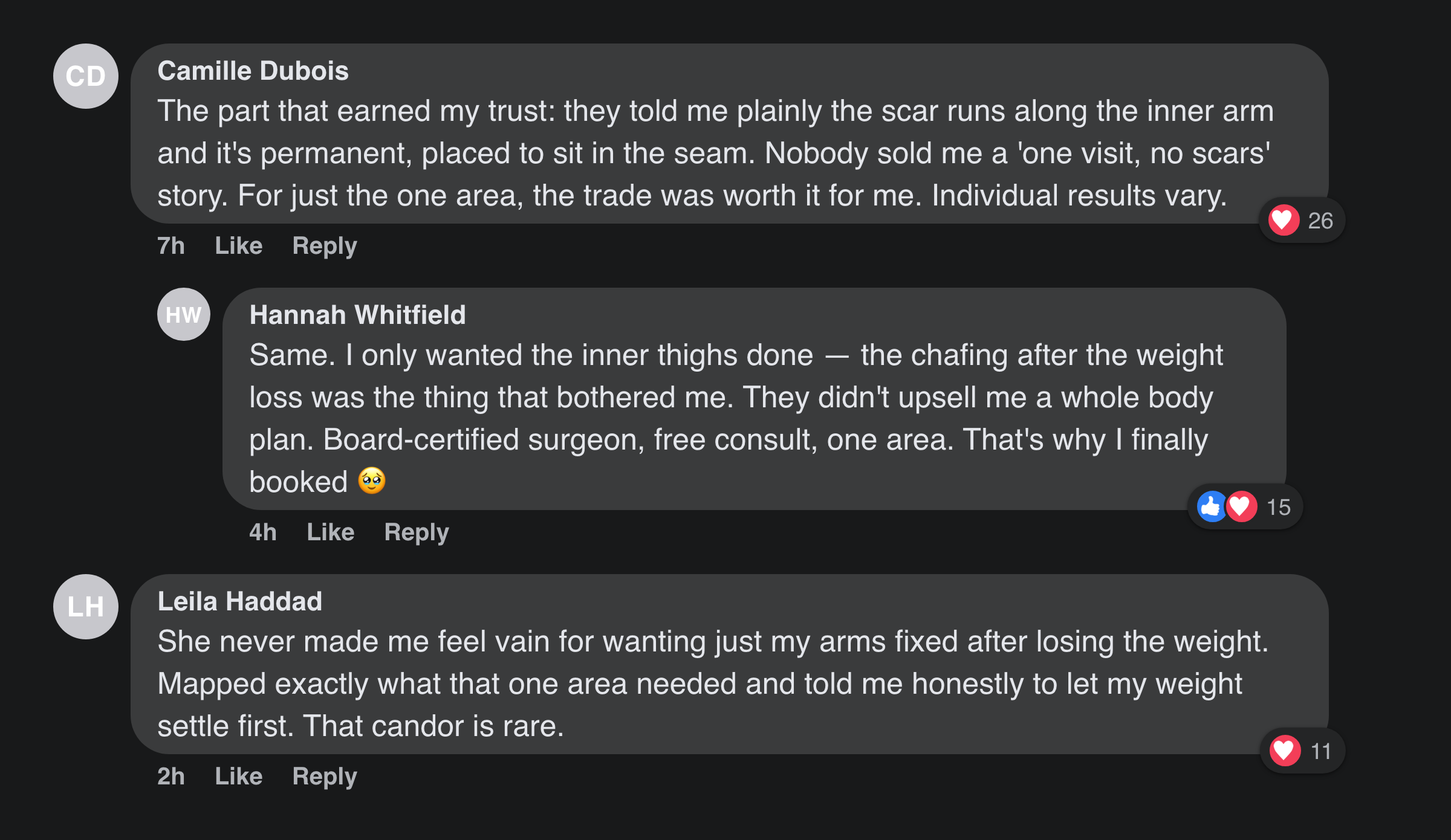 Facebook comments: patients praise the honesty about the arm and thigh scar