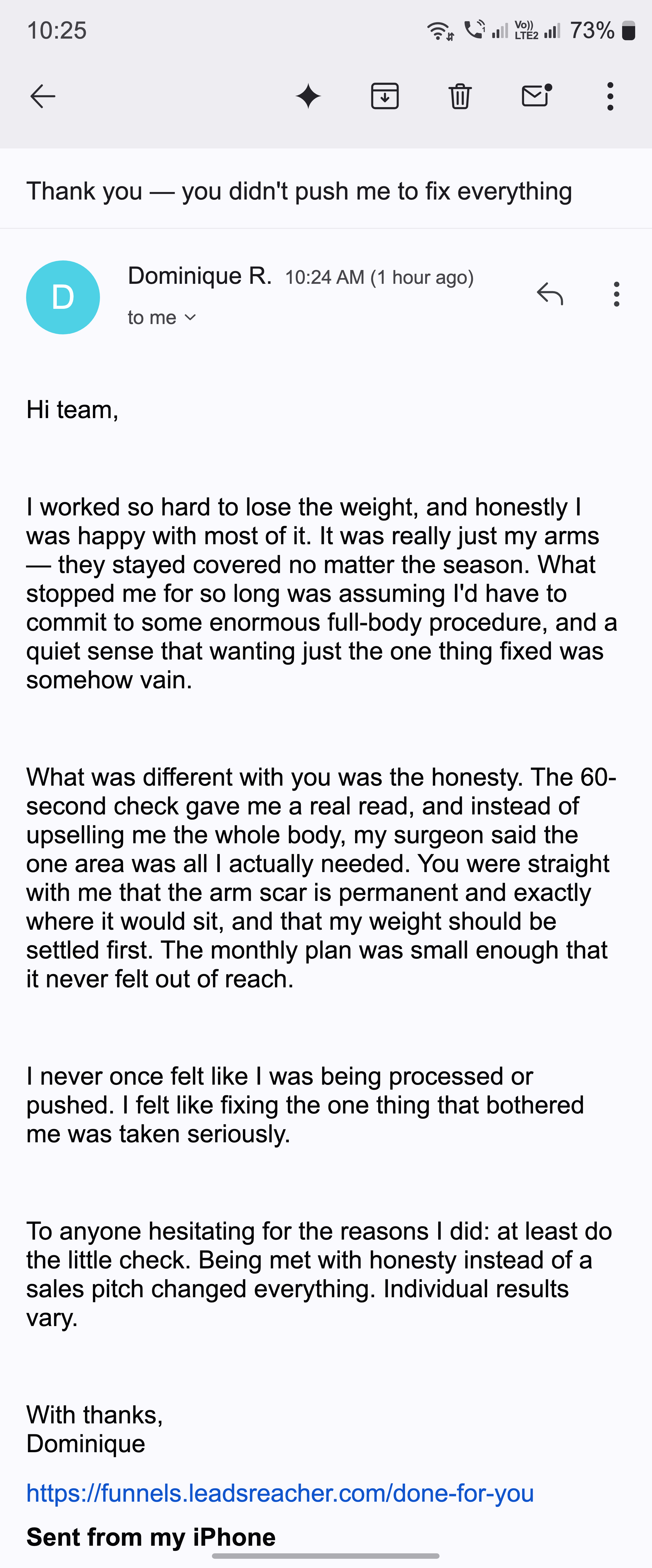 Email: a patient thanks the practice for not pushing a full-body plan