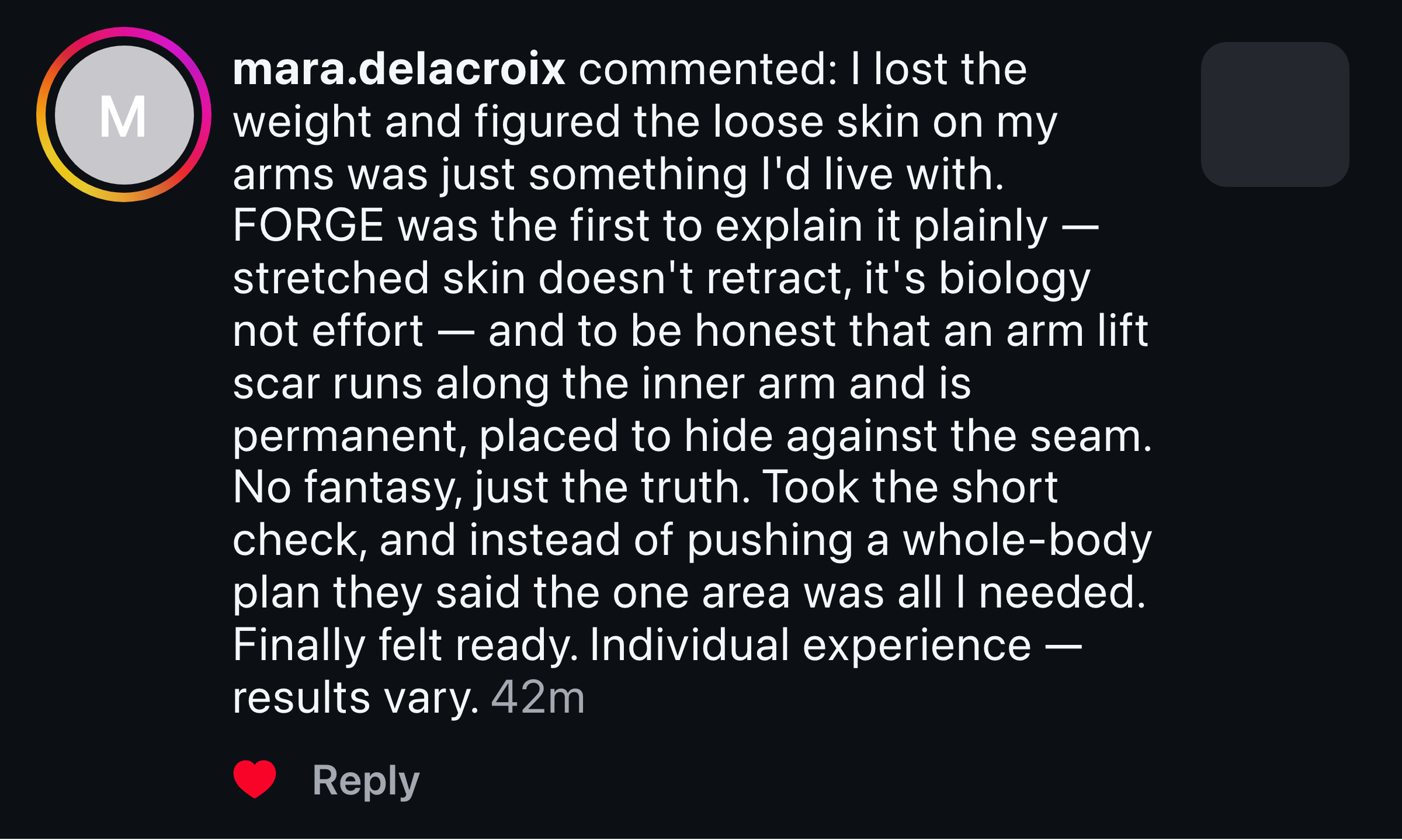 Instagram comment: a patient values the straight talk about the scar being permanent
