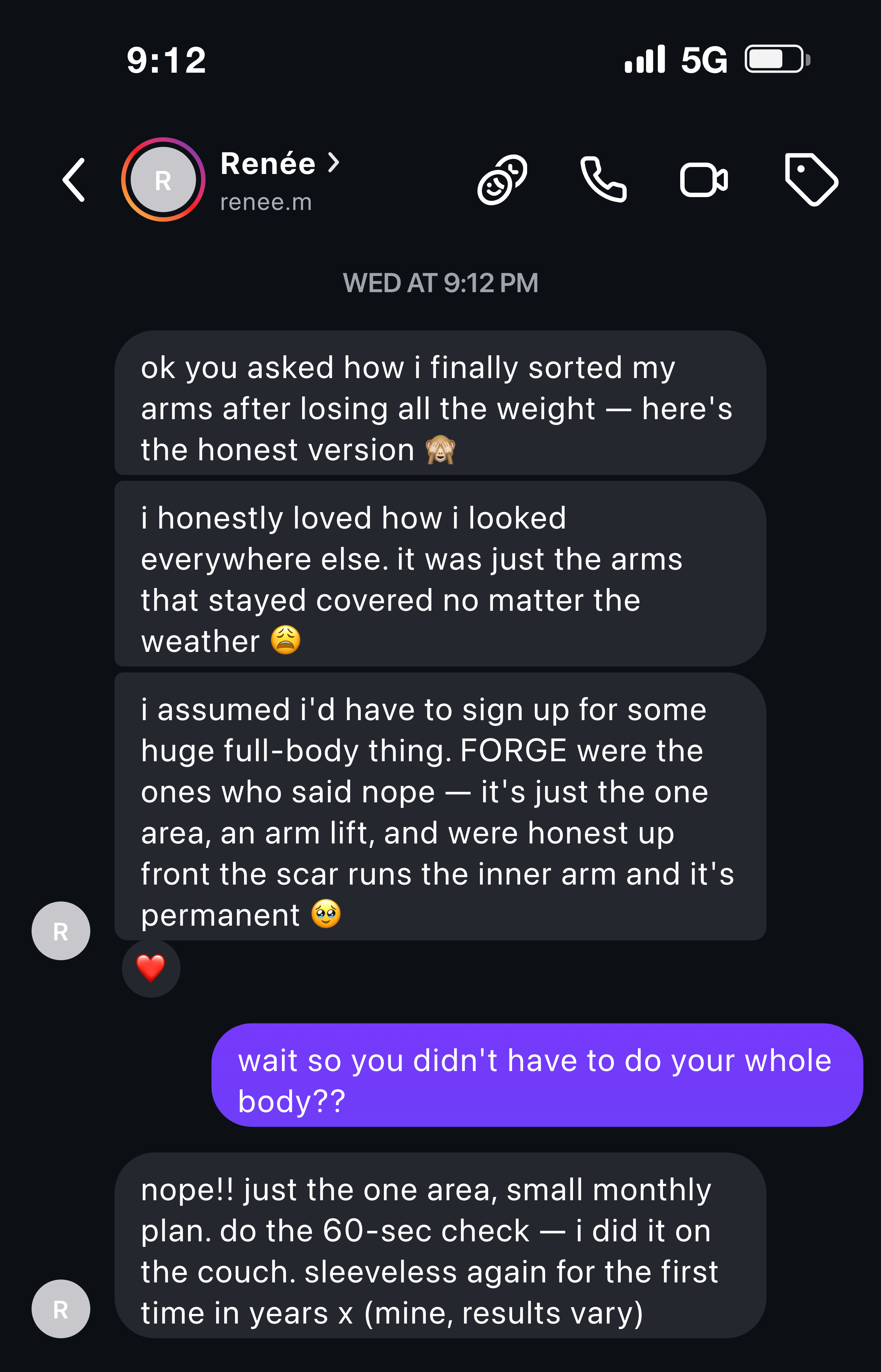 Instagram DM: a patient says fixing just one area was all they needed
