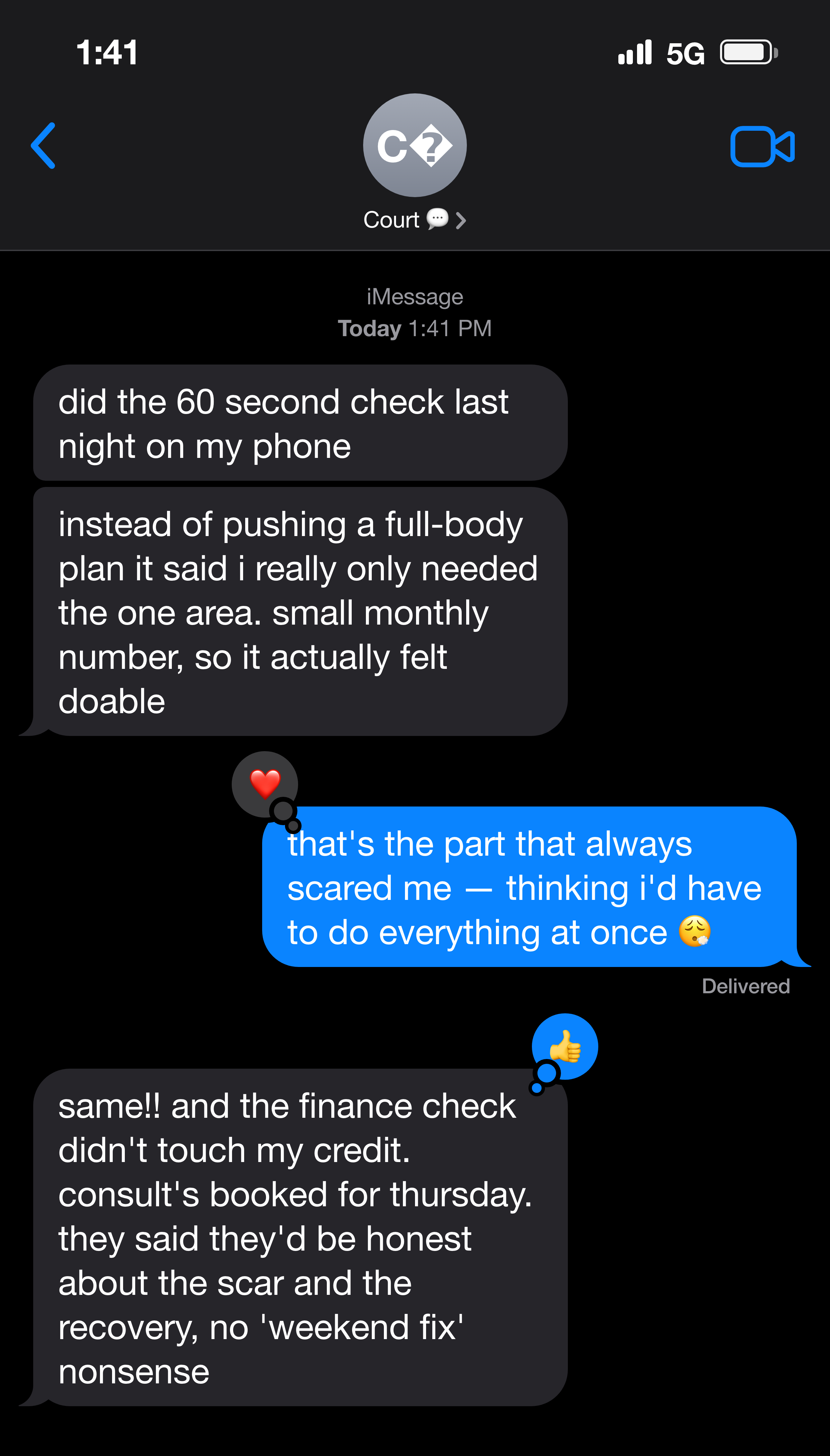 Text message: a patient shares how the small monthly plan made a one-area lift possible