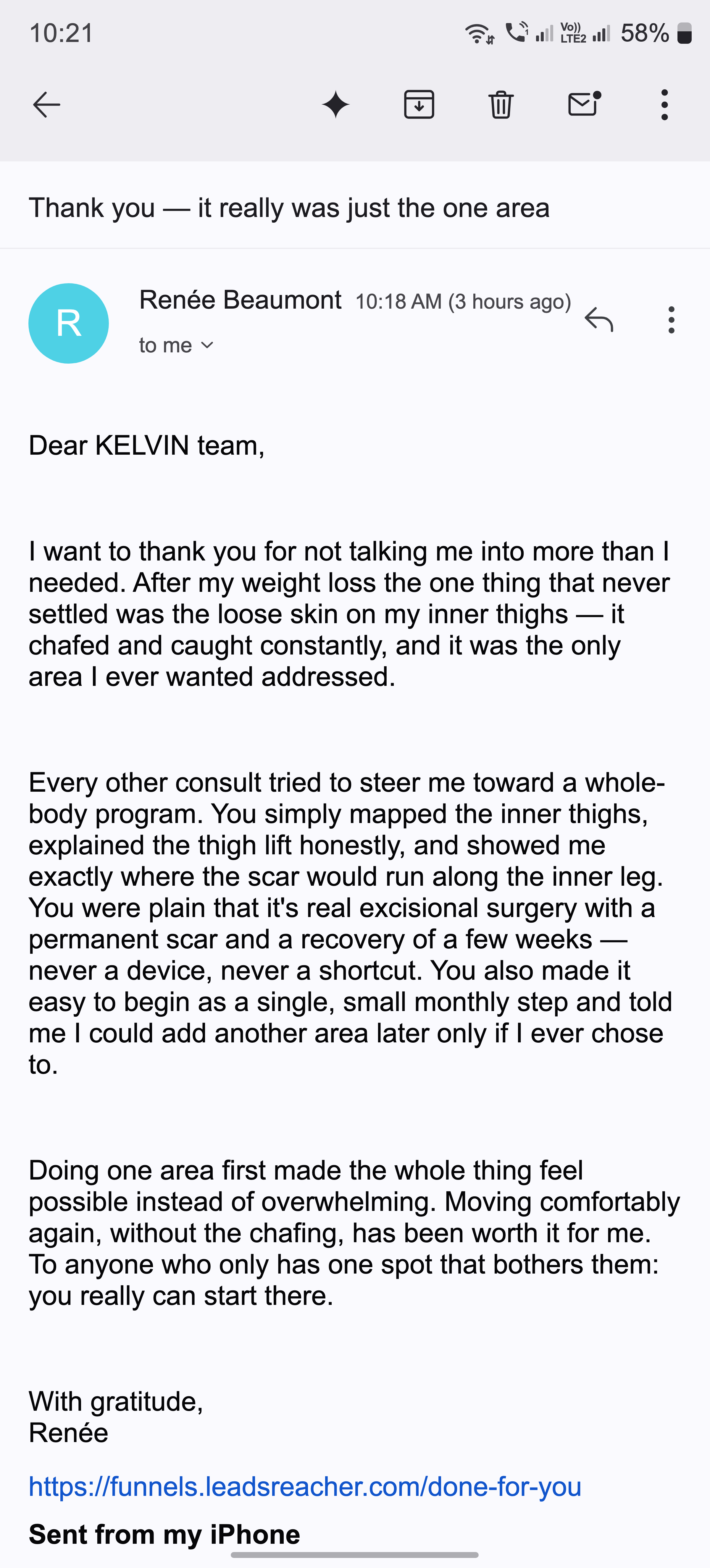 A thank-you email about a thigh lift ending inner-thigh chafing