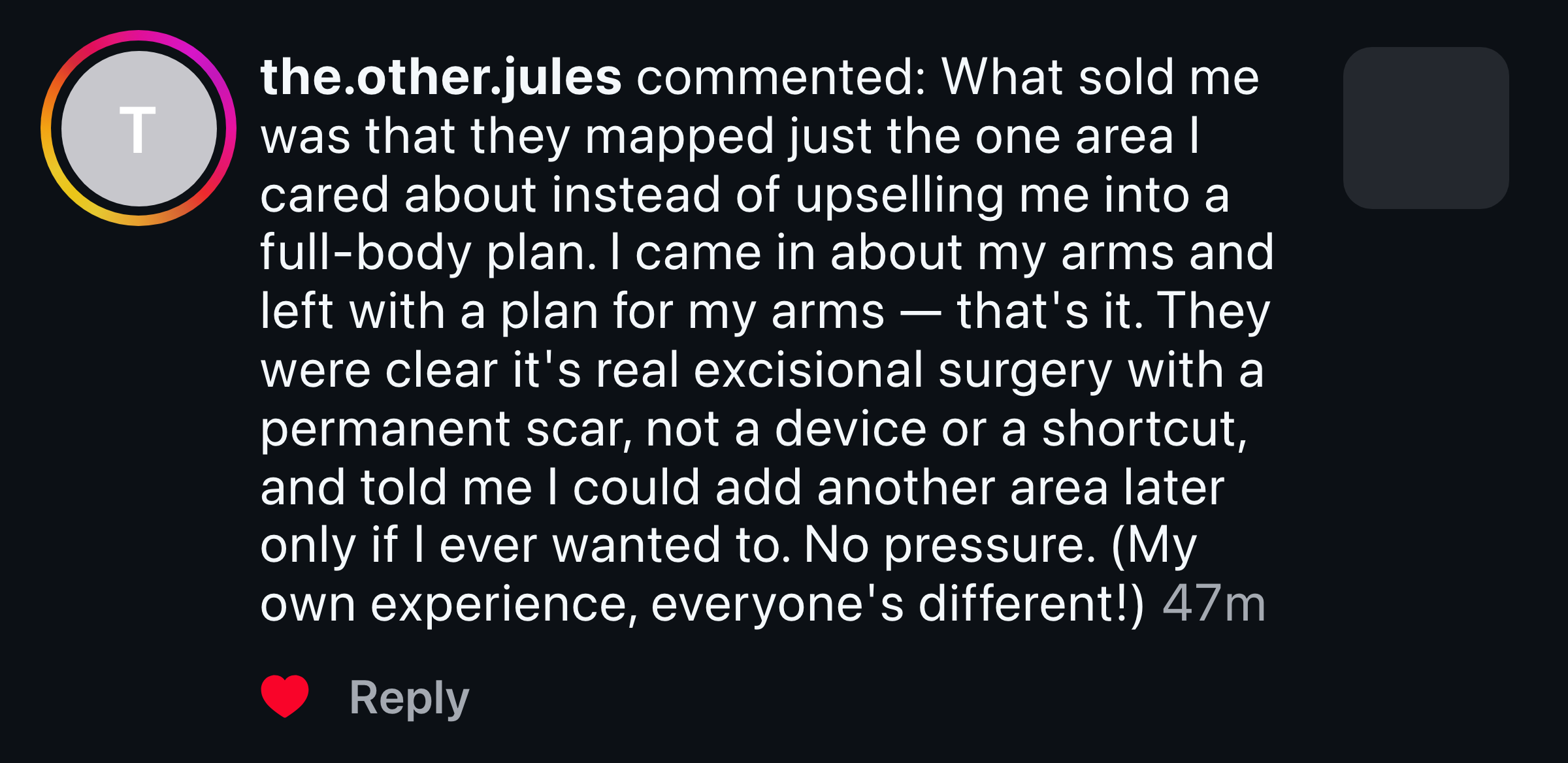 Instagram message about being mapped for just one area instead of upsold