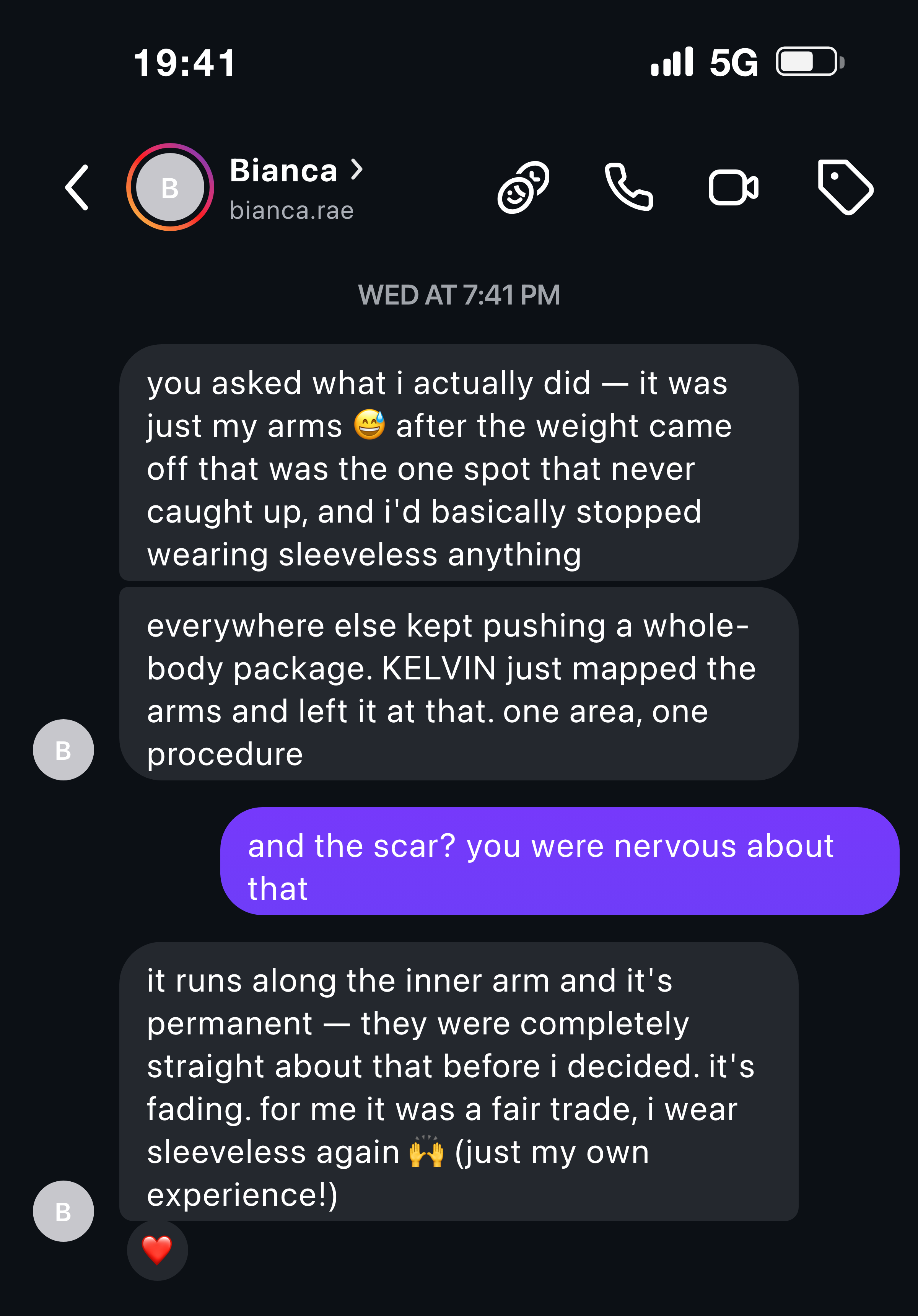 Instagram message about wearing sleeveless again after an arm lift
