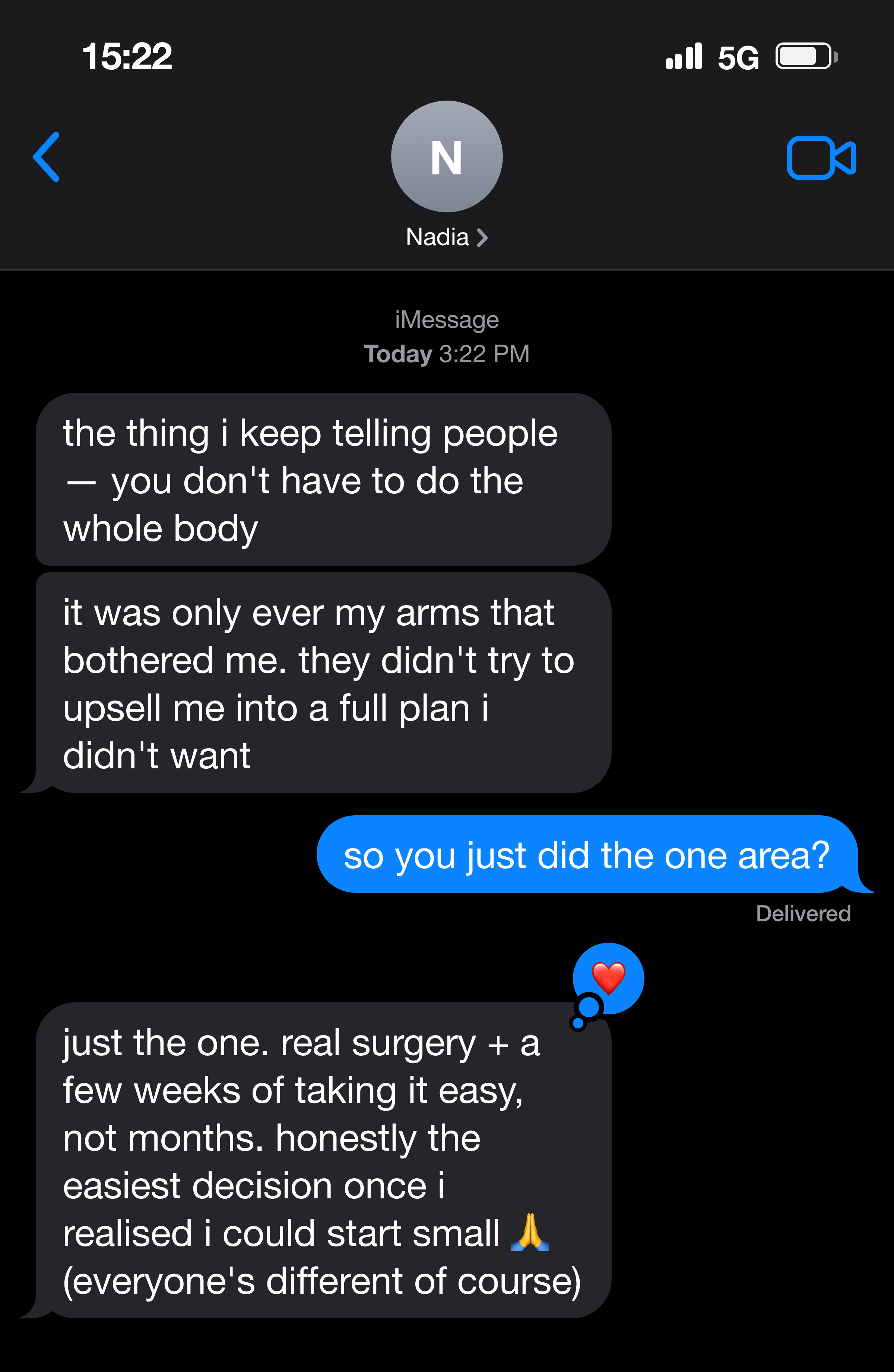 Text message about only needing the arms, not a full-body procedure