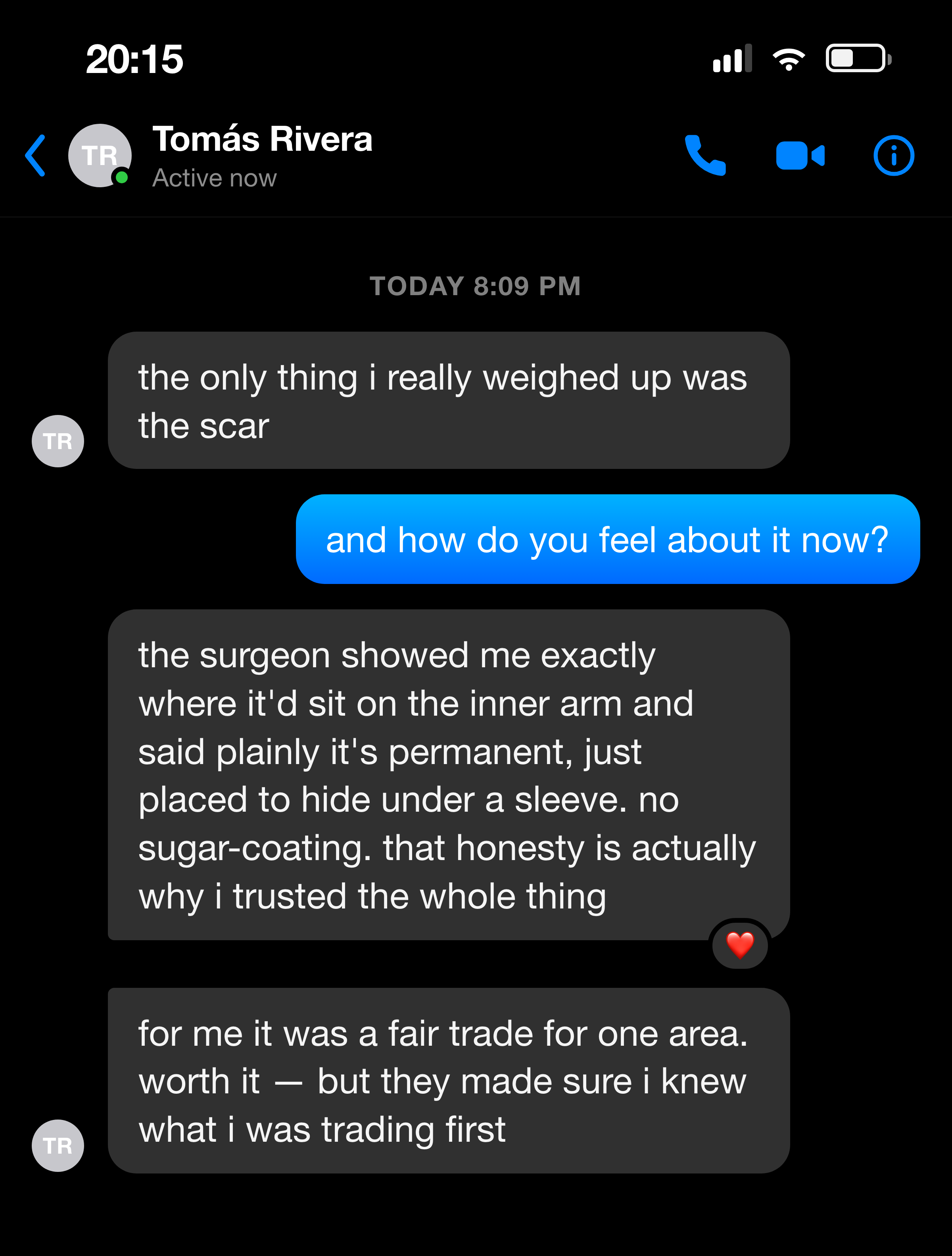 Messenger note about the surgeon being honest that the scar runs the arm and it was worth it
