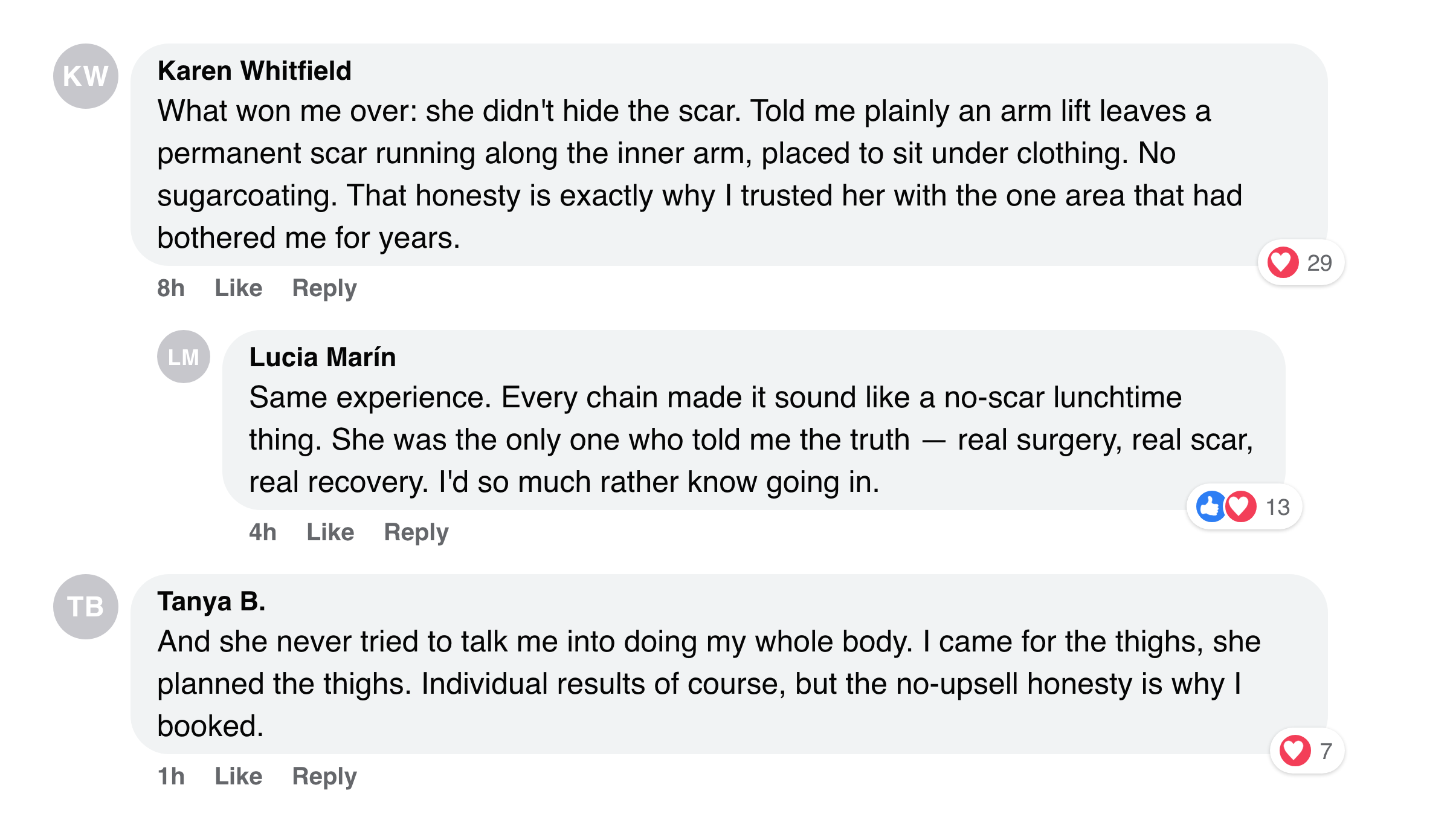 Facebook comments from patients about the surgeon's honesty on the scar