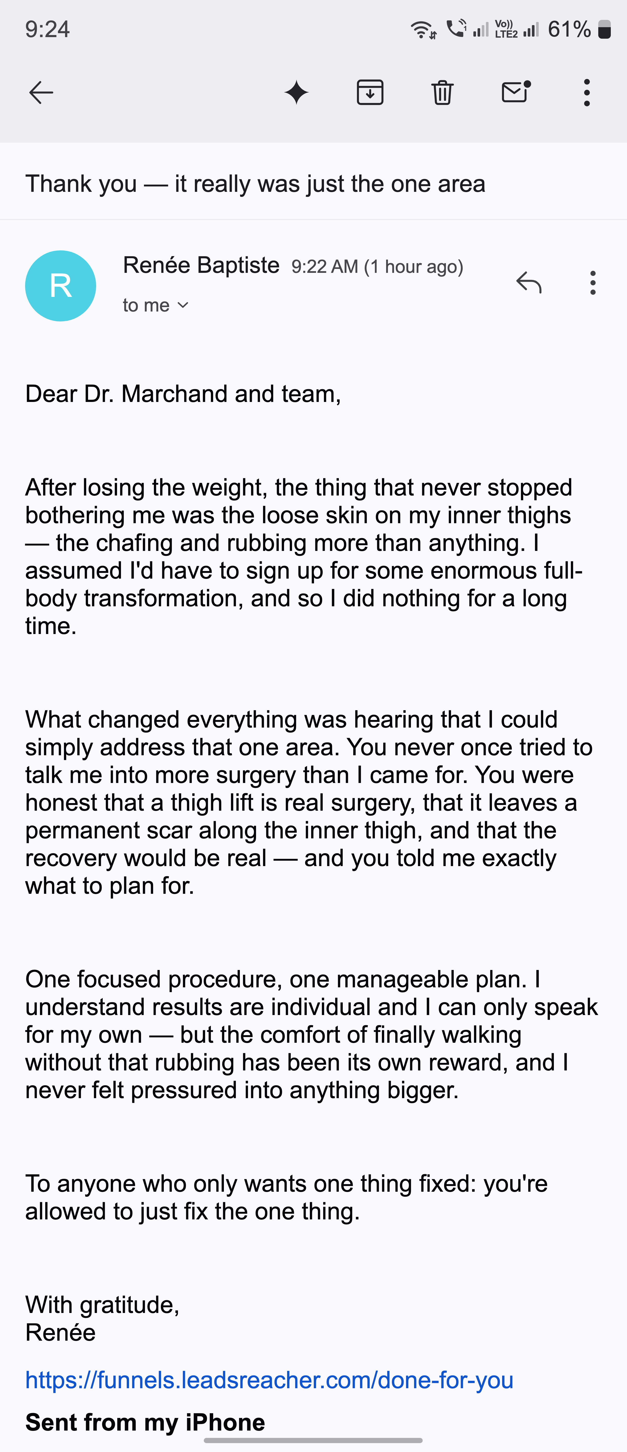 A thank-you email from a patient after a thigh lift for chafing relief