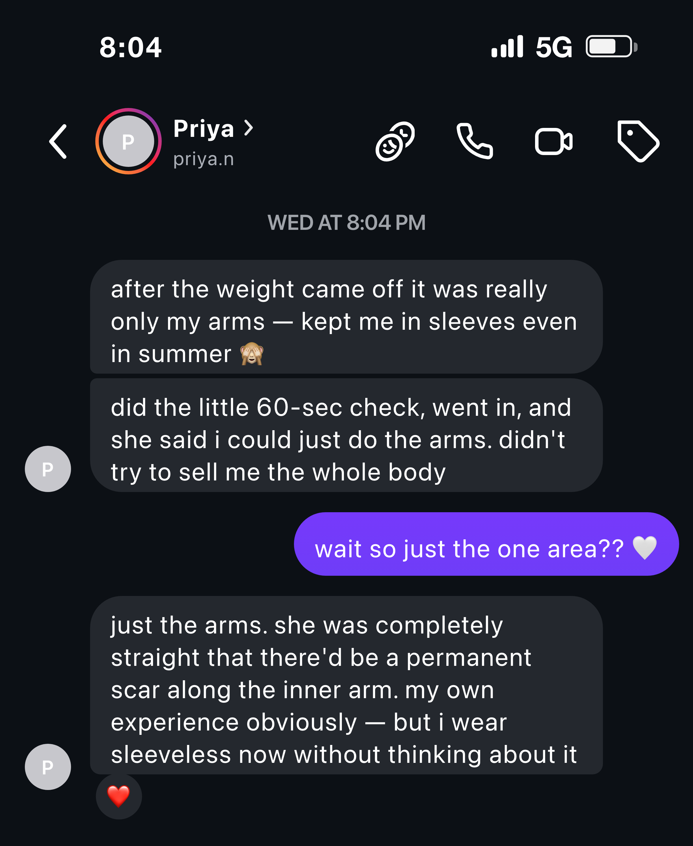 Instagram message from a patient who wears sleeveless again after an arm lift