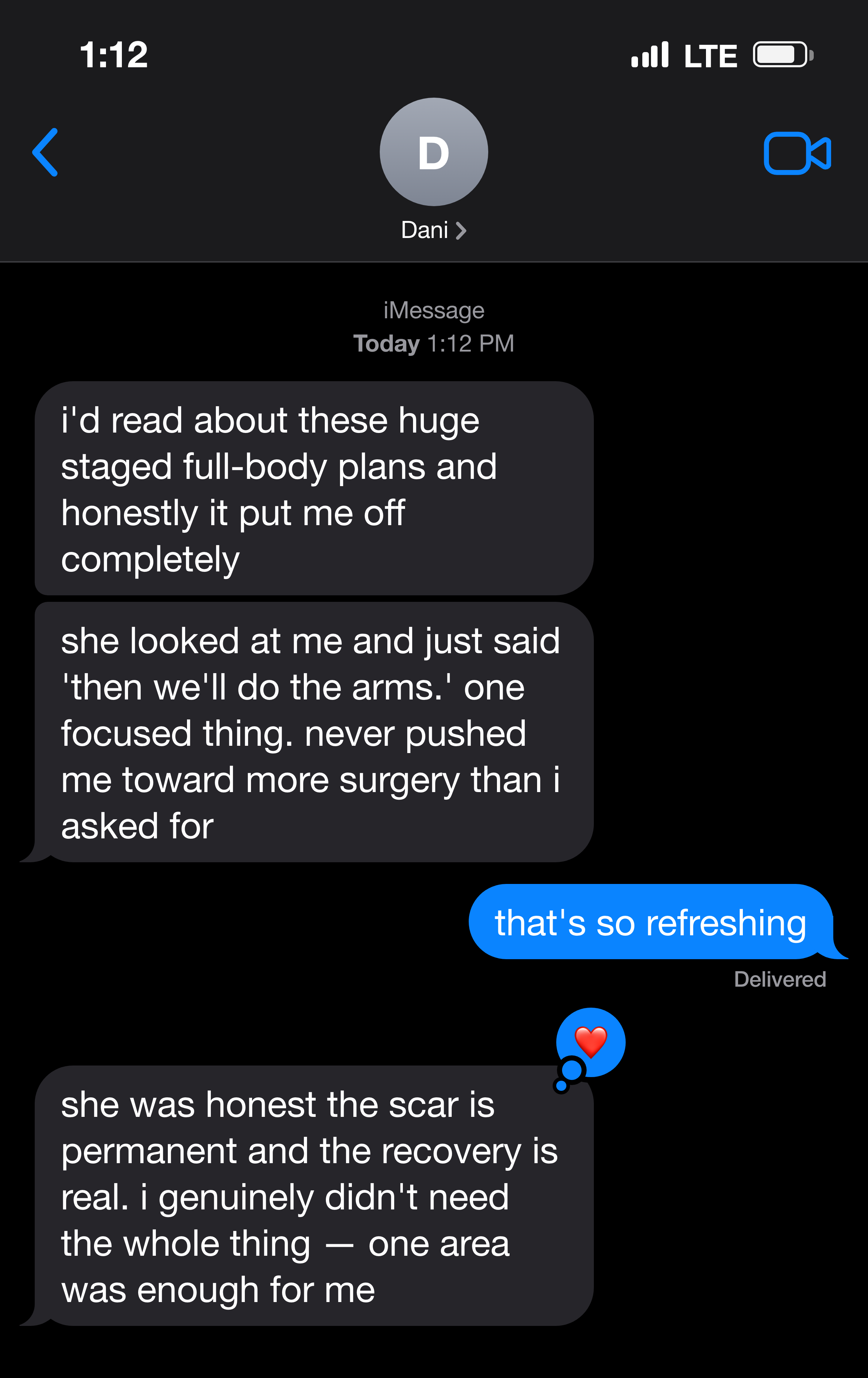 Text message from a patient who only needed one area done