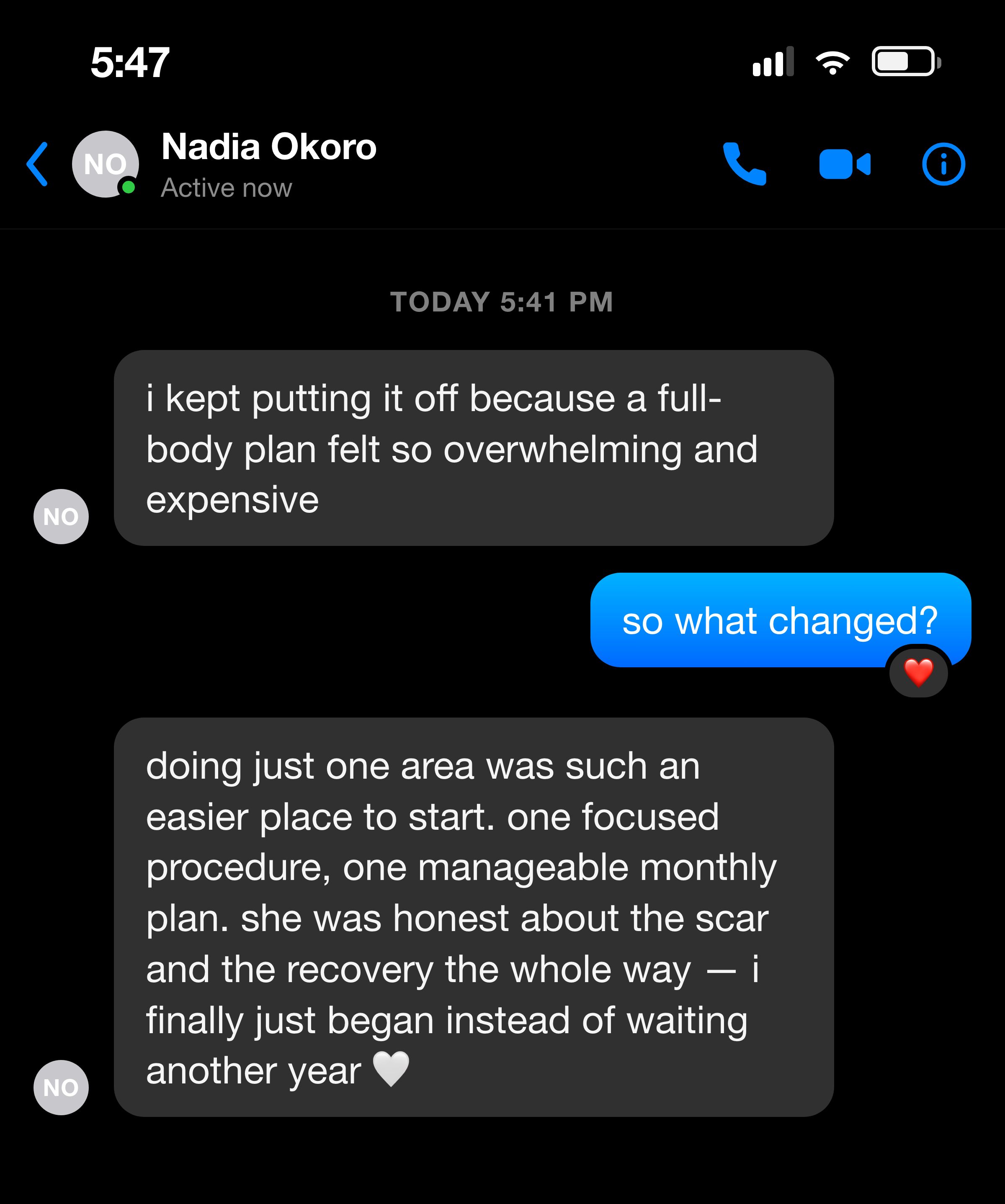 Messenger note from a patient about a single area being an easy place to start
